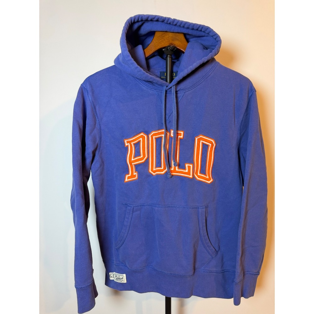 Polo Ralph Lauren Mens Blue Orange Varsity Spellout Hoodie Size M Logo Patch
